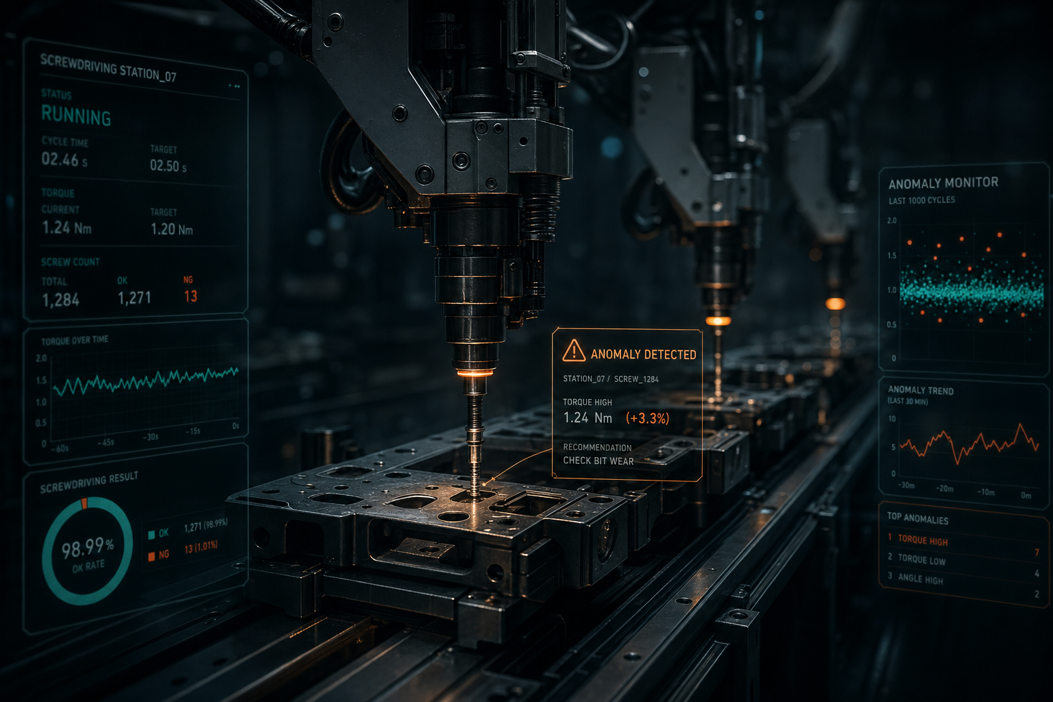 Robotic assembly line with AI data analytics overlays